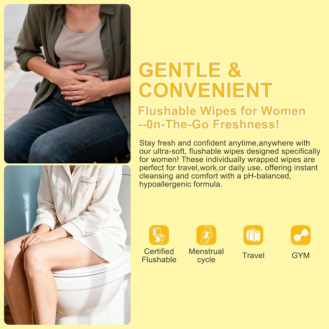 twoworld 50 Feminine Wipes Flushable Travel Individually Wrapped | Travel Wipes for Women,Feminine Care Wet Wipes Travel Size Vaginal Wipes for Adult,Girl and Homeless(Lemon)