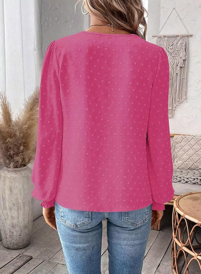 Womens Tops Swiss Dot Boho Long Sleeve Shirts V Neck Casual Chiffon Blouses Flowy Lace Hem Cute Clothing Trendy 2026