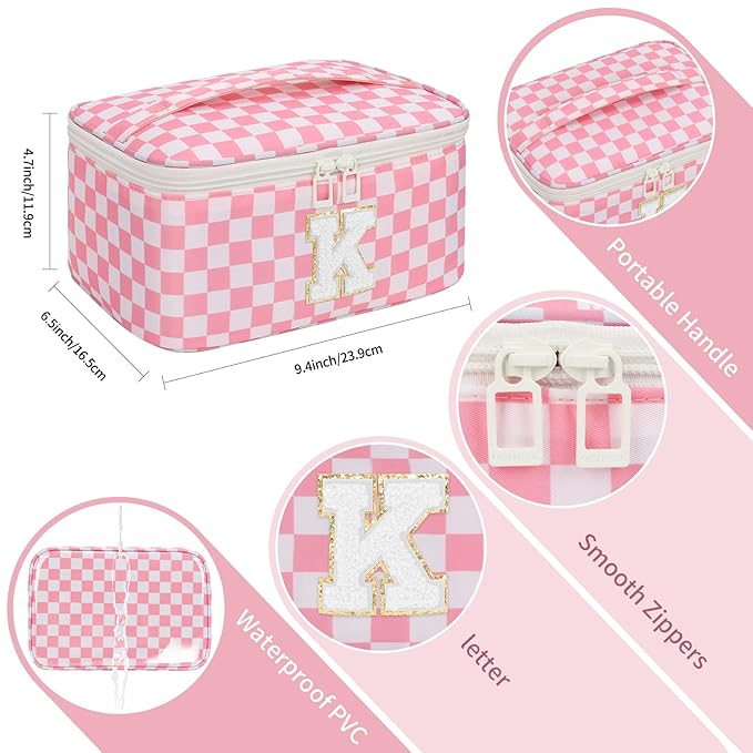 OCHEAL Makeup Bag Valentines Day Gifts for Women, Monogram Cosmetic Bag Pink Travel Makeup Case Beauty Toiletry Bag Organizer Personalized Gifts for Girls Bridesmaid, Sister, Wife, Friends Initial K