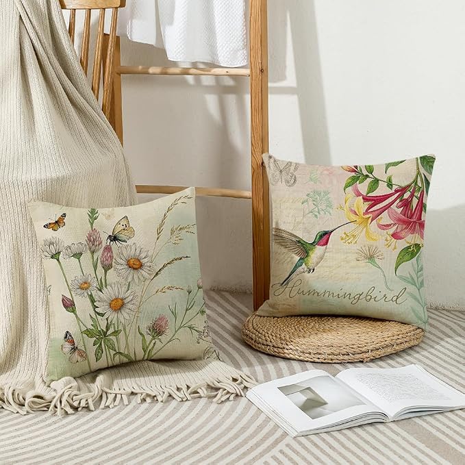 wyooxoo Throw Pillow Covers 18x18 Set of 4 Spring Summer Pillow Covers Flower Bird Farmhouse Outdoor Decorative Cushion Case for Sofa Couch Living Room