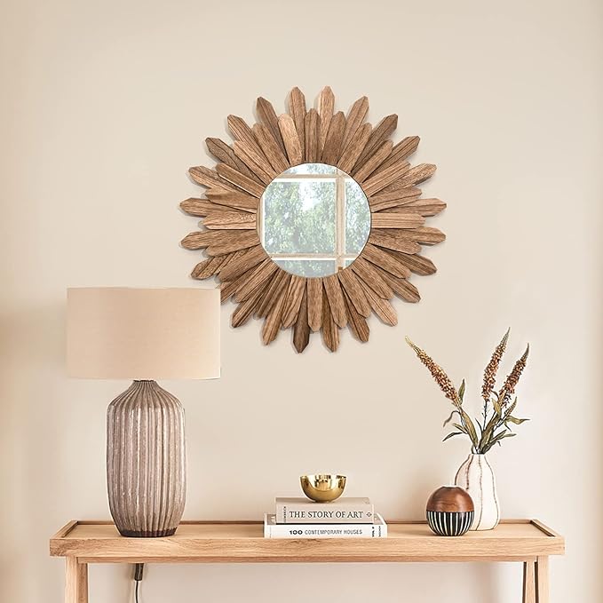 Mirror Wall Decor 21 inch Rustic Wood Boho Aesthetic Mirror for Room & Home Decor Farmhouse Wall Decor at Living Room Bedroom Carbonized Black