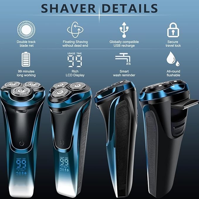 Snapbuy Electric Razor for Men, Snapbuy Electric Razor Pro of Father, Electric Shavers for Men,Ipx7 Waterproof Cordless Shaver with 90-Min Runtime, 4D Floating Head Rotary Shaver, Fast Charging(Blue)