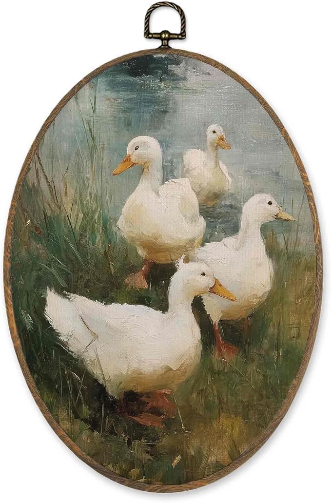 LKETW Rustic Farmhouse Duck Oval Wall Art Decor, Vintage Country Duck Oval Canvas Hanging Decor, Cottagecore Farm Animal Wall Decorations for Farmhouse Home Bedroom Living Room, 8.6x11.4 Inch