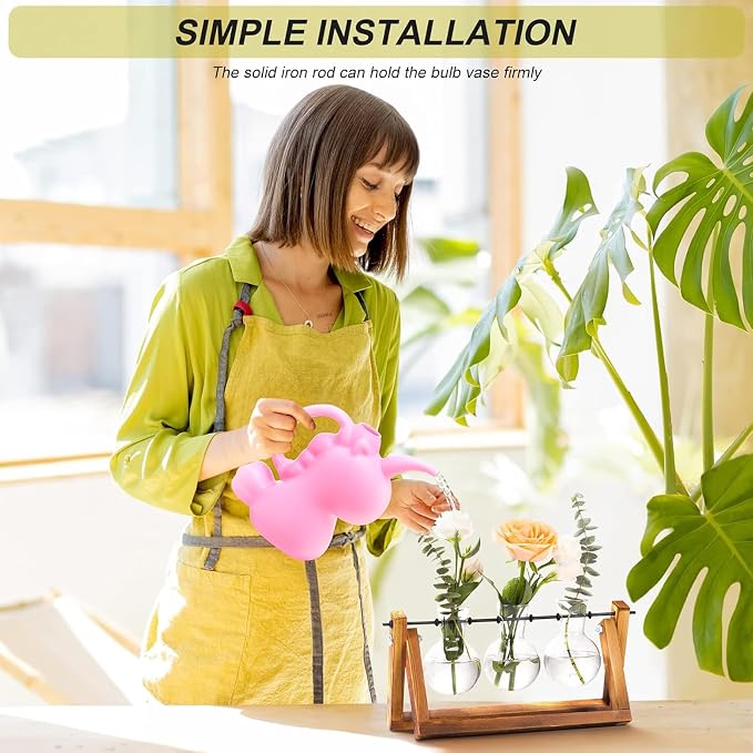 XXXFLOWER Plant Terrarium with Wooden Stand, Air Planter Bulb Glass Vase Metal Swivel Holder Retro Tabletop for Hydroponics Home Garden Office Decoration - 3 Bulb Vase | Air Planter Flower Glass Vase Retro for Hydroponics Cutting Home Garden Office Dec...