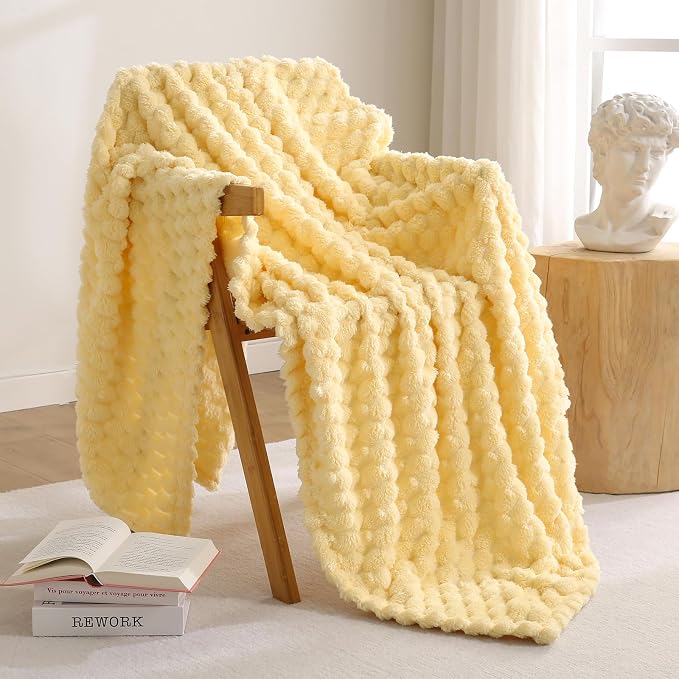 Excervent Big 3D Clouds Stylish Blanket for Bed, 50x70 Inches, Light Yellow | Decorative Fuzzy Flannel Fleece Throw Blanket for Sofa Bed Couch, Super Soft Cozy, Suitable for All Seasons
