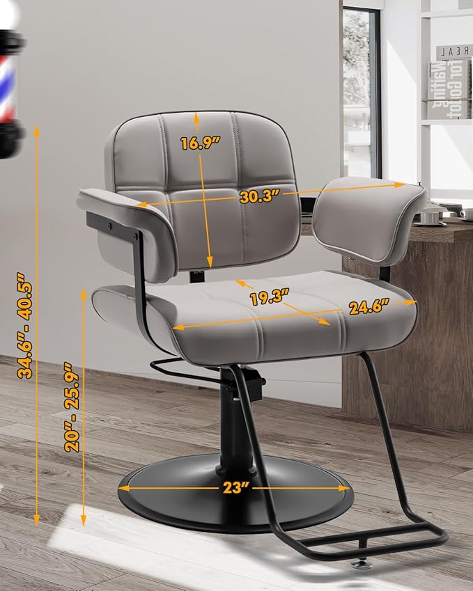 Barber Salon Chair, Extra Wide Hair Styling Chair with Heavy Duty Hydraulic Pump, 360° Swivel Height Adjustable Braiding Design, Luxury Beauty Salon and Barbershop Equipment, Grey