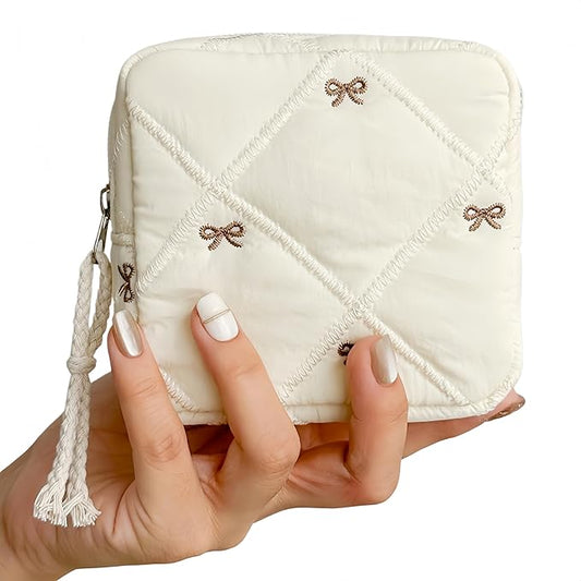 Small Makeup Bag | Discreet Period Bag Pad Pouch for Purse| Sanitary Napkin Storage & Tampon Holder for Travel (Quilted bow beige)