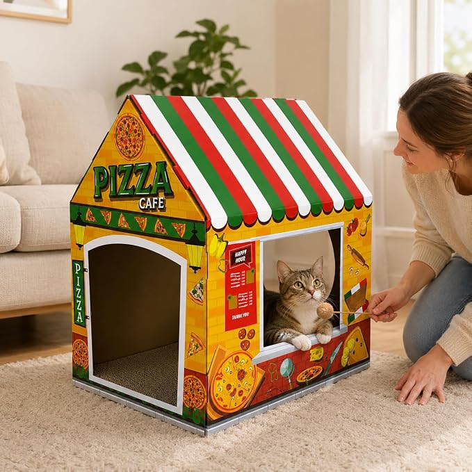 Cinrobiye Cardboard Cat House with Scratcher, Indoor Cat Condo Cat Cave Hideout with Scratch Pad, Cardboard Cat Playhouse Bed for Cats, Kittens, Rabbits & Small Pets (Pizza)