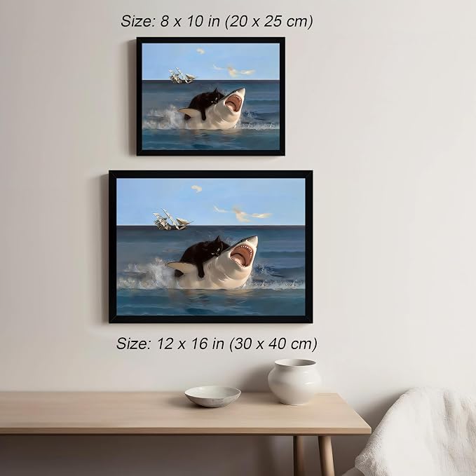 ICHZUMW Framed Funny Black Cat Biting Shark Ocean Canvas Wall Art 8x10 In | Quirky Cat Biting Shark Oil Painting, Humorous Bathroom Wall Decor, Bedroom Bar Man Cave Restroom Powder Room, Ready to Hang