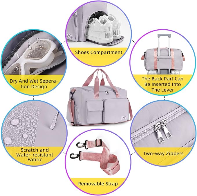 FIORETTO Women's Gym Duffle Bag with Shoes Compartment, 30L Capacity, Ideal for Travel, Gym, Sports, Duffel, Weekender