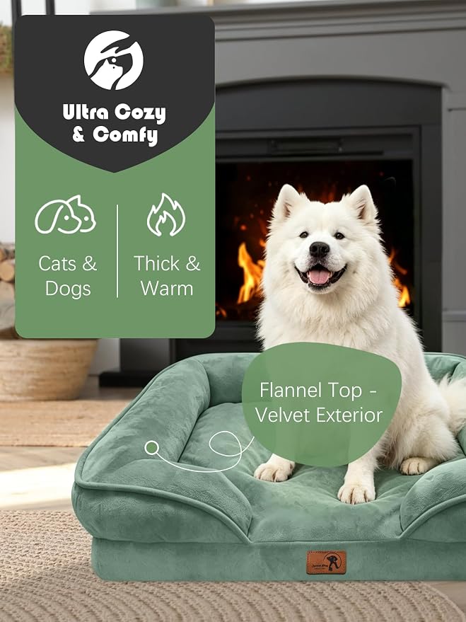 Spotted Play Orthopedic Dog Bed with Sides - Sofa Beds for Large Dogs, Supportive Foam Pet Couch Bed with Washable Removable Cover, Waterproof Lining and Non-Slip Bottom, Green - L-Plus