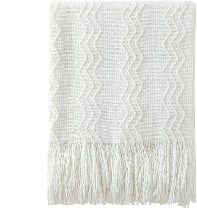 BOURINA Off White Throw Blanket 50x60Inch Boho Knit Soft Throw Sofa Blanket | Knitted Throw Blanket 50x60 Inches, Soft Lightweight Boho Weave Throw Decorative Couch Blanket for Living Room Bedroom Chair