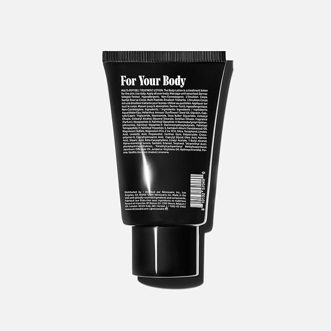 Nécessaire The Body Lotion Santal. Multi-Peptide Firming Lotion to Moisturize, Firm, Strengthen. 2.5% Niacinamide, Vitamin C/E + Omega 6/9. 2.4 fl oz.