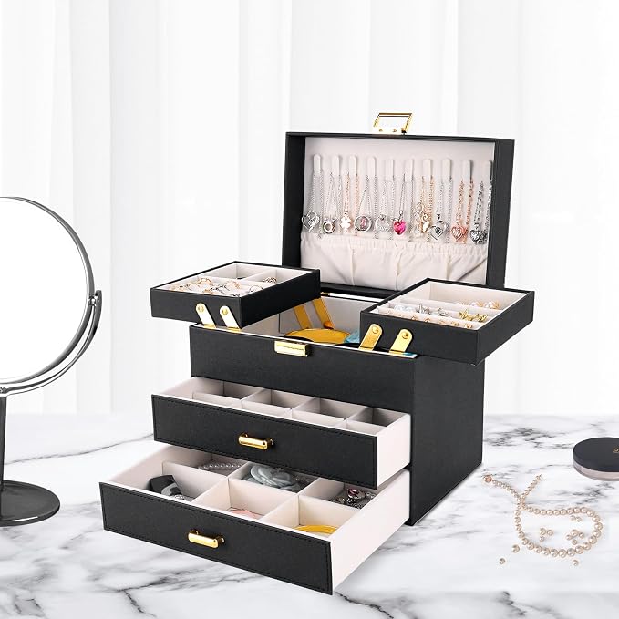 Jewelry Organizer Box, Large Jewelry Boxes for Women Girls, Space-Saving 4 Layers Jewelry Storage Case with Drawer, Movable Metal Stand, Modern, Gift Idea (Black + Gold)