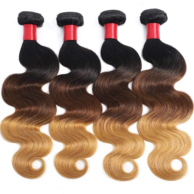 Ombre Human Hair Bundles 1b/4/27 Brazilian Three Tone Ombre Body Wave Human Hair 3 Bundles 12 14 16inch 100% Unprocessed Virgin Hair Bundles Weaves Extensions for Women