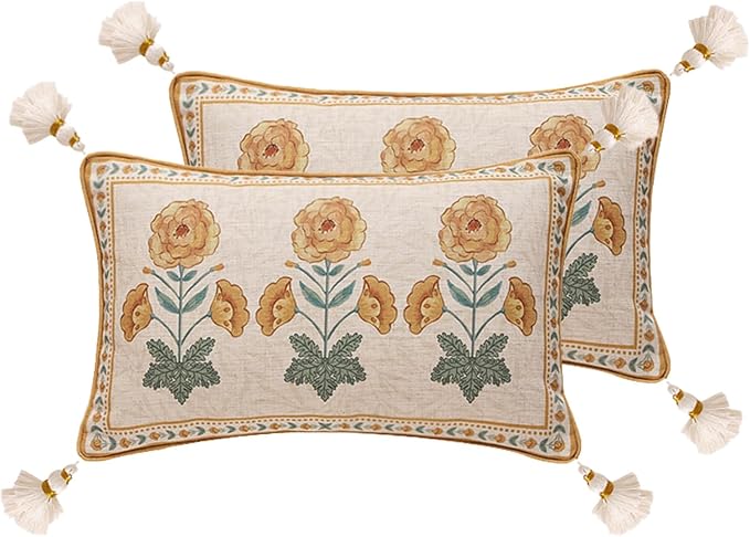 patdrea French Vintage Linen Pillow Cover,12"x20",Set of 2-RosaSilvestre D | Decorative Pillow Case,Yellow Floral Pattern,Cushion Coverfor Couch Living Room Bedroom Sofa,Tassel Pendant