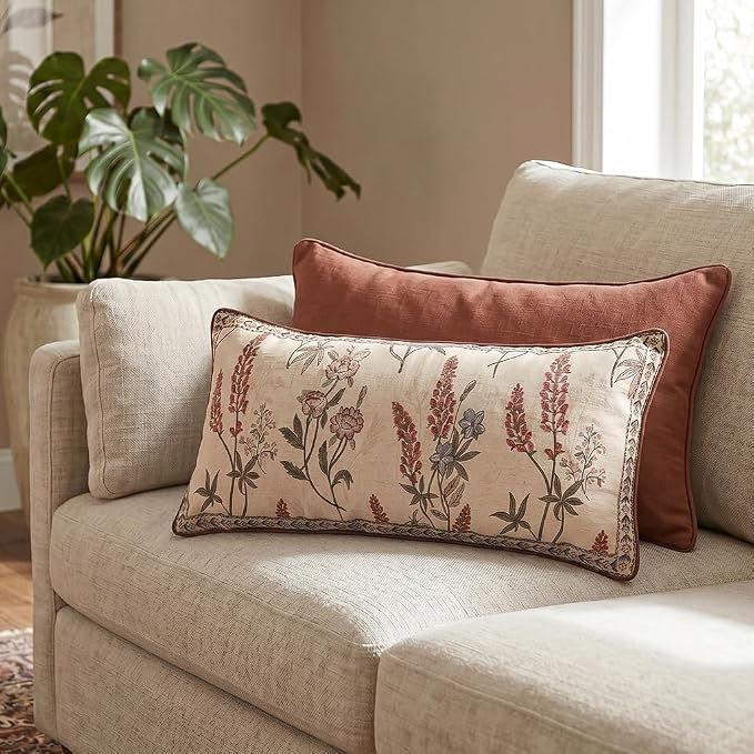 Designer Vintage Linen Throw Pillow Cover,28"x12"-Helena A | Elegant French Rectangle Pillow Cover,Concealed Zipper Design,Floral Pattern,Sofas,Bedroom,Living Room,Lounge Chairs