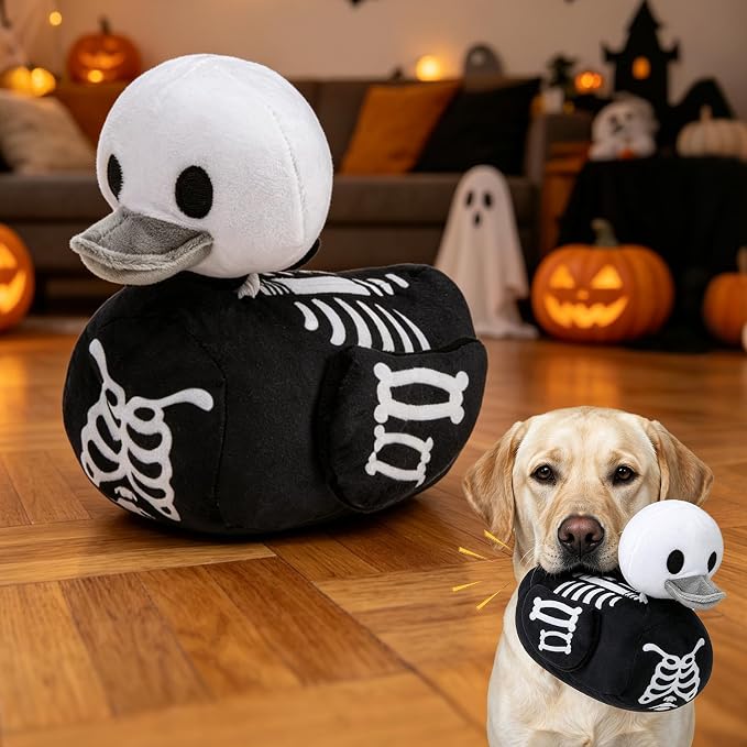 KOOLTAIL Halloween Squeaky Dog Toy, Skeleton Duck‑Shaped Interactive Durable Plush Toy with Crinkle Paper for Moderate Chewers, Toss & Fetch, Indoor Outdoor Cuddle Buddy for Small Medium Large Dogs