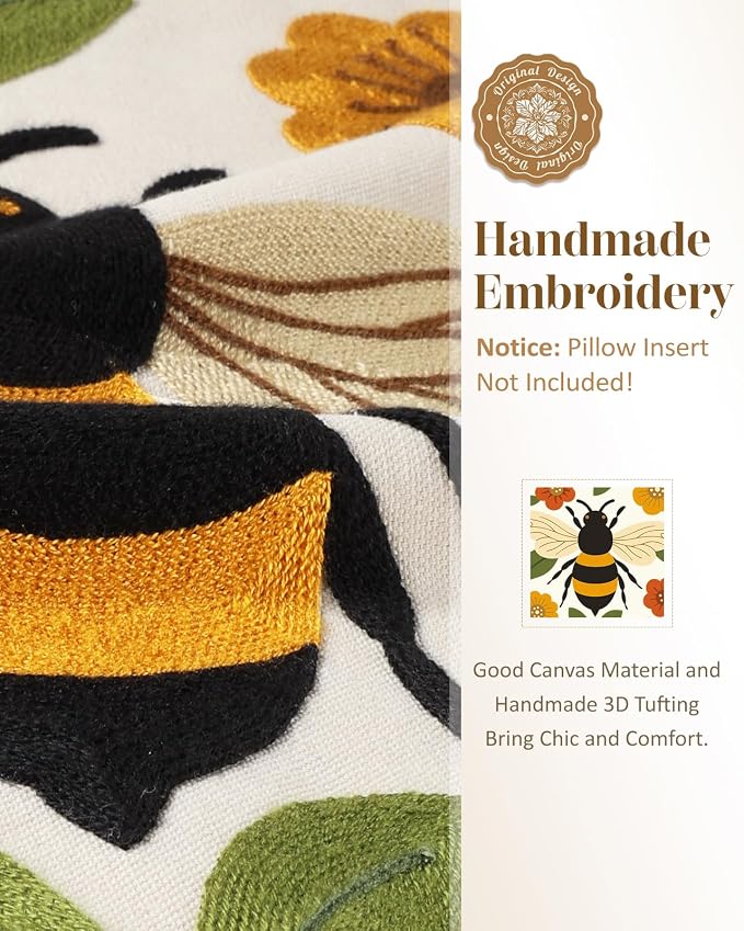 Animal Embroidered Lumbar Pillow Cover 20x12 Inch, Bee Floral | Decorative Throw Pillow Cover, Farmhouse Cushion Cases with Hidden Zipper, Cottagecore Decor for Couch, Sofa, Bedroom