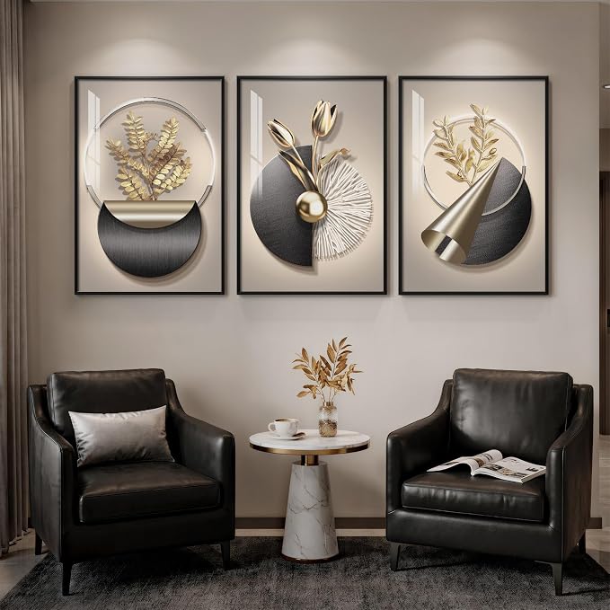 Framed Modern Elegant Luxury Gold Wall Art, 3 Piece 20x30 In | Abstract Geometric, Gold floral, Crystal coating, Wall art for living room, bedroom, dining room