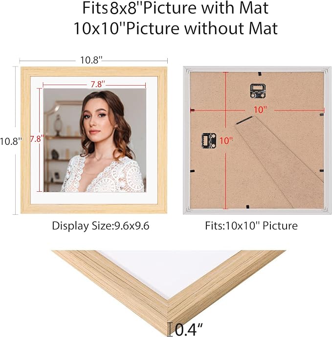 10x10 Picture Frame Set of 9, Display Pictures 8x8 with Mat or 10x10 without Mat, Multi Collage Gallery Square Photo Frames for Wall or Tabletop, Natural Wood