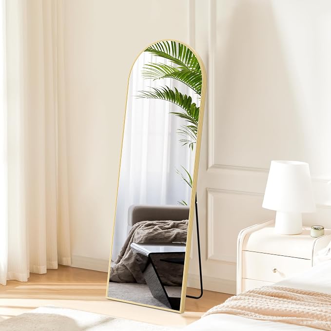 DUMOS 59"x16" Arched Full Length Floor Mirror, Full Body Mirror | Free Standing or Wall Mount, Nano Glass Aluminum Frame, Hanging or Leaning, Modern Simple Home Decor, Gold