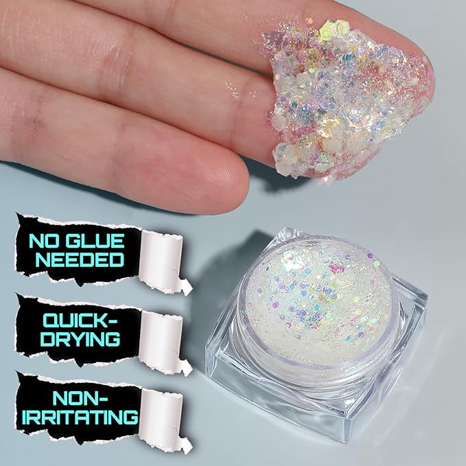 Teenitor Glow in The Dark Glitter, Clear White Body Glitter Gel, Sparkly Neon Face Glitter Hair Glitter, Glow in The Dark Face Paint for Halloween Makeup Glow Party Concerts Raves