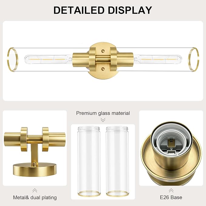 Gold Wall Sconces, Bathroom Sconces Vanity Light Fixtures with Clear Glass, Set of 2, Brushed Gold Sconces Wall Decor, for Living Room/Bathroom Corridor Mirror/Bedroom Hallway Stairwell