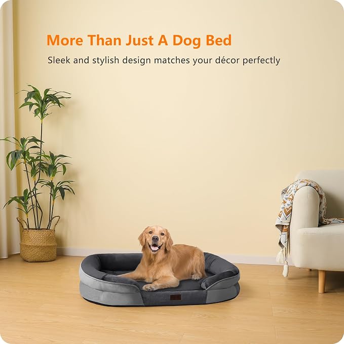 Dwanton Orthopedic Waterproof Large Dog Bed Sofa, Gel Memory Foam, 42" | Egg-Crate Foam Dog Sofa, Washable Pet Bed with Four Sided Bolster Cushion, Removable Cover & Non-Slip Bottom, Dark Grey