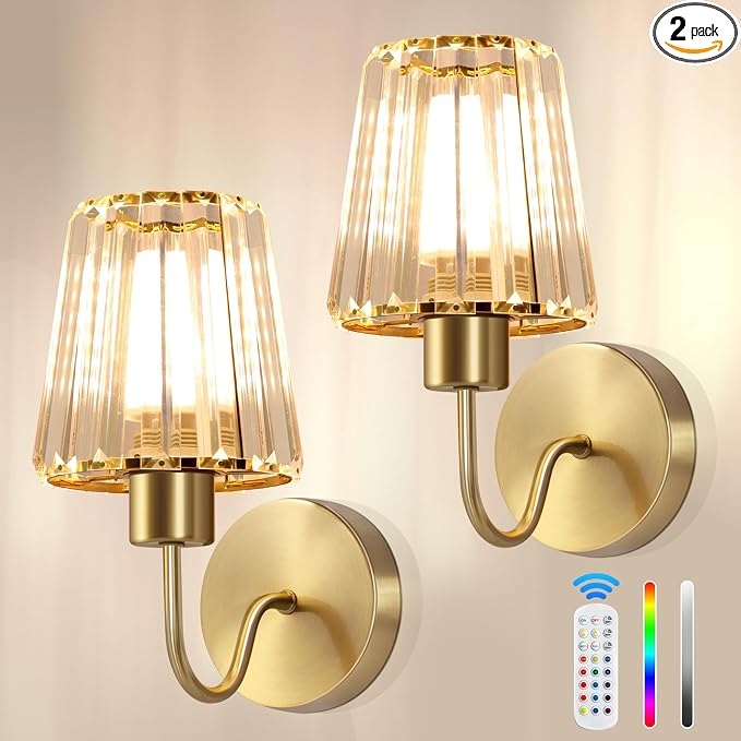Wireless Sconces Wall Decor Set of 2 for Room Easy to Install | Rechargeable Battery Operated Light Bulbs 10000mAh Remote Control Timer Dimmable 15RGB Modern Gold Crystal Lampshade