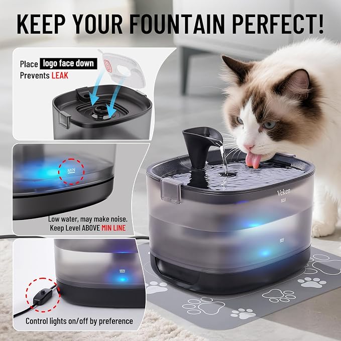 Veken 85oz/2.5L Cat Water Fountain with Detachable Tank, 6Filters & Sponges | Secure Clips, Easy to Clean & Assemble, Quiet Pet Drinking Dispenser with LED Light for Cats, Dogs and Small Pets, Black