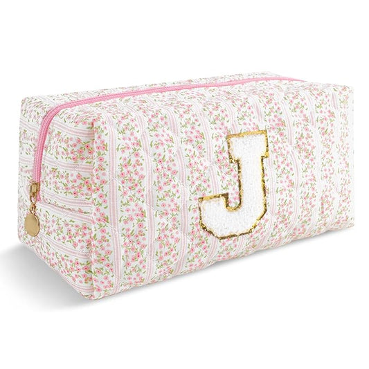 Personalized Quilted Cosmetic Bag, Puffy Monogrammed Christmas Birthday Gifts for Women & Girls, Cute initial Floral Makeup Bag Puffer Coquette Bag, Aesthetic Travel Toiletry Zipper Pouch(Pink,J)