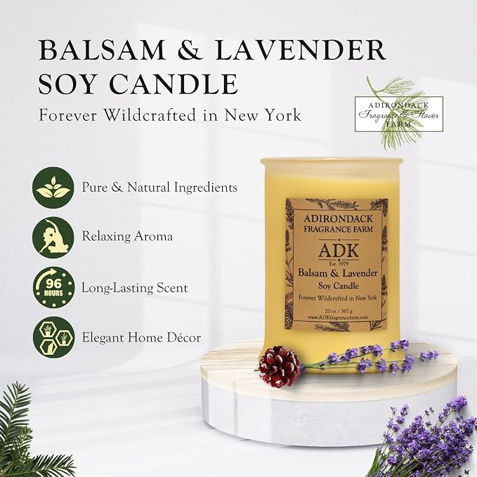 Adirondack Fragrance & Flavor Farm Balsam & Lavender Scented Candle 20 Oz | Proudly Poured in The USA, Natural Aromatherapy Wax for Relaxation, Home Décor, Kitchen, Gift and Living Spaces