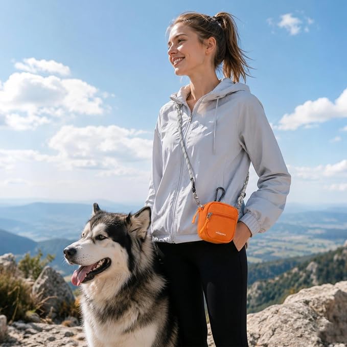Dog Treat Pouch with Poop Bag Holder, Small Crossbody Bag for Puppy Training and Walking, Shoulder Strap Can Use as Dog Leash- Pet Travel Accessories, Metal Carabiner Attached (Orange) | 900D Oxford Fabric