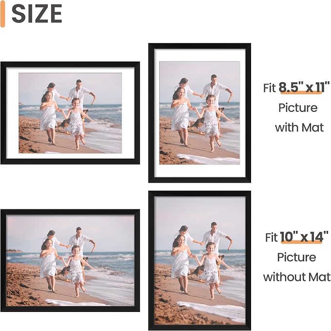 upsimples 10x14 Picture Frame Set of 5, Display Pictures 8.5x11 with Mat or 10x14 Without, Wall Gallery Poster Frames, Black