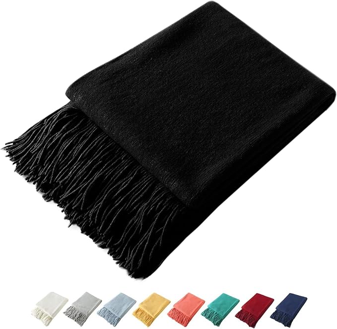 Homiest Black Knitted Throw Blanket with Fringe, 50x60 Inch | Pure Acrylic, Lightweight & Breathable, All-Season Use, Machine Washable, Wrinkle & Fade Resistant, for Couch Sofa And Bed