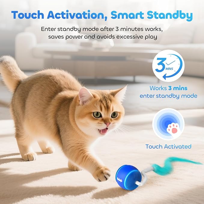 Interactive Cat Toy Ball for Indoor Cats with 3-Mode Touch Activated | Tangle-Free Tail, Rechargeable, 2 Tails, 6-8H Play Automatic Moving Cat Toy, Smart Rolling Ball for Indoor Cats to Chase Play