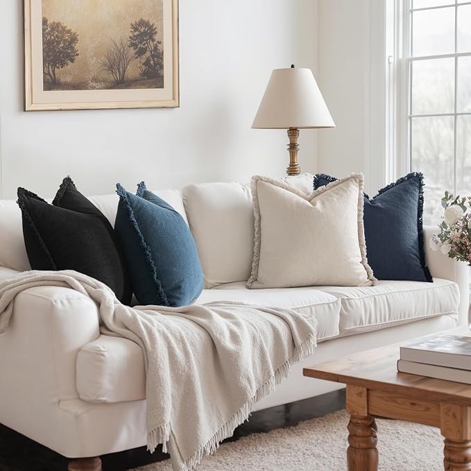 MIULEE Fall Linen Fringe Pillow Covers Set of 4 18x18 Beige/Coastal Blue | Boho Farmhouse Decorative Throw Pillow Covers, Neutral Soft Rustic Cushion Cases, for Couch Sofa Bed Living Room Home Decor