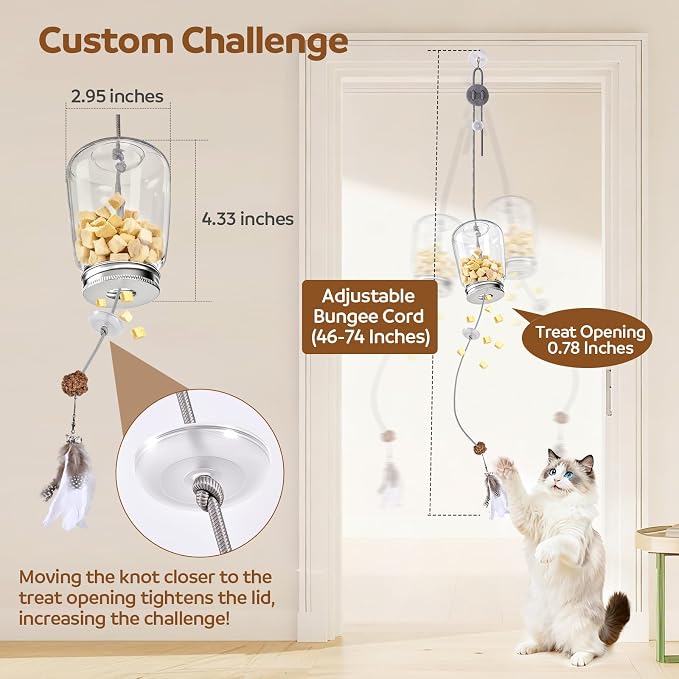 2-in-1 Hanging Cat Toy for Indoor Cats, Interactive Door Hanging Teaser & Treat Dispenser, Self Play Kitten Toy with Feather, Springs & Rope, Boredom Relief for Home Alone Cats