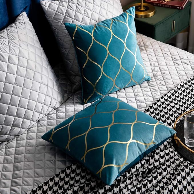 26x26 Inch Gold Velvet Euro Sham Pillow Covers: 2 Pack Square Decorative Pillow Cases for Bedroom Sofa Couch Living Room, Turquoise