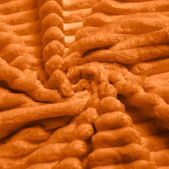 Vessia Flannel Fleece Queen Size Blanket for Bed,Couch,Sofa(90x90 inch), 300GSM Microfiber Burnt Orange Striped Bed Blanket for Adults, Super Soft Warm Cozy Lightweight Ribbed Decor for All-Season
