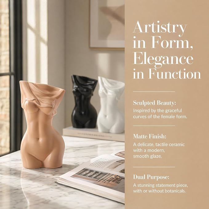Black Female Body Vase - Unique Undressing Ceramic Flower Planter, Modern Curved Art Sculpture for Home Decor, Table, Shelf & Desk 7.68inches (Black)