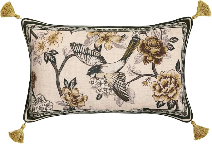 Vintage Elegant Linen Rectangle Throw Pillow Cover,20"x12"-Murad A | Designer French Decor Pillow Cover,Concealed Zipper Design,Floral and Bird Pattern,Sofa,Bedroom,Living Room,Lounge Chairs