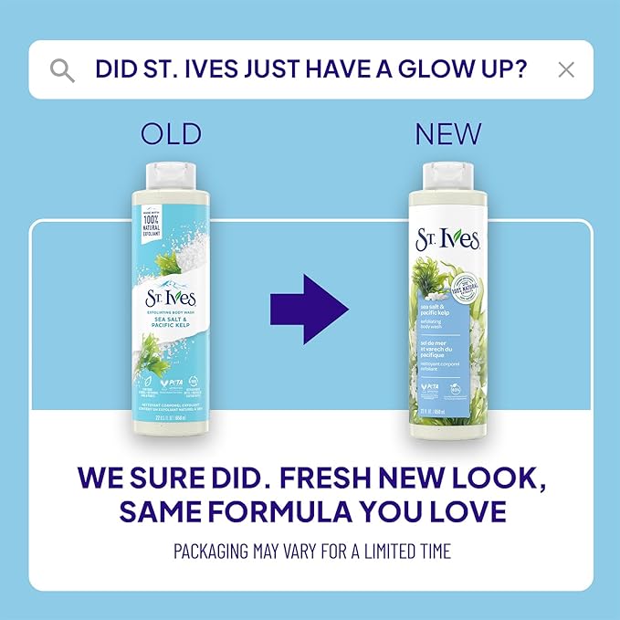 St. Ives Body Wash, Sea Salt & Pacific Kelp Exfoliating Shower Gel 2-Pack, 100% Natural Extracts, Cruelty-Free, 22 Oz Ea