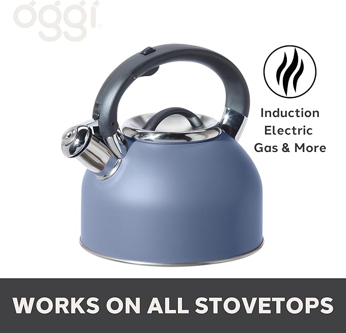 OGGI Tea Kettle for Stove Top - 64oz / 1.9lt, Stainless Steel with Loud Whistle, Ideal Hot Water Kettle and Water Boiler - Blue