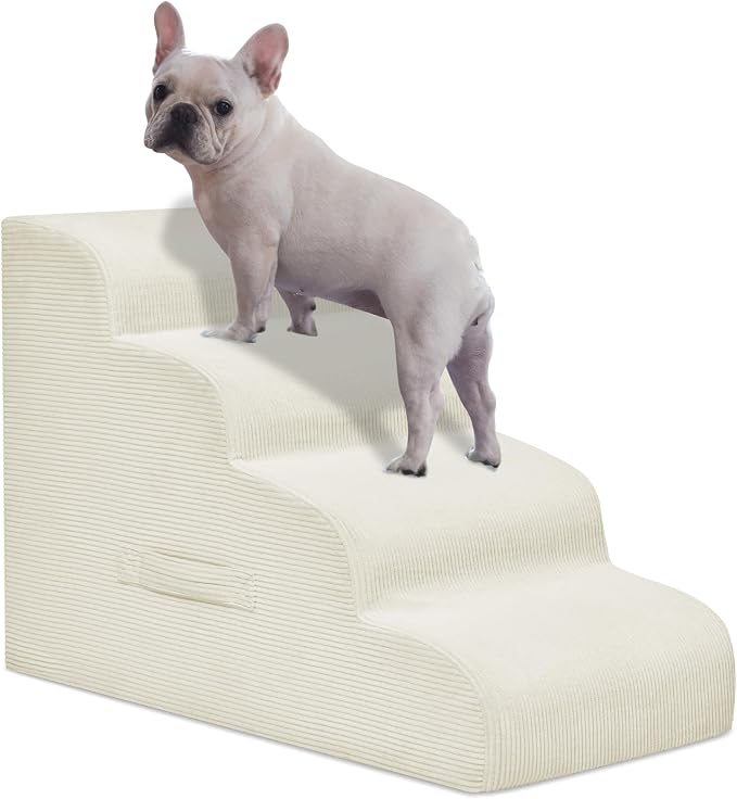 Mesa Lemon 4 Step Dog Stairs Pet Ramp for High Beds, Sofas and Cars | High Density Foam, Non-Slip Bottom, Removable Washable Cover, Portable Handle, Holds Up to 50 lbs, 20 Inch Height