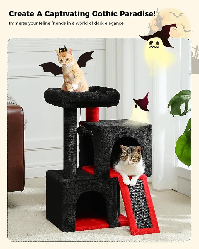 PAWZ Road 30" Cat Tree, Gothic Cat Tower with 2 Condos for Indoor Cats | cat trees for small cats,cat houses with scratching ramp and posts,dual condos&top perch with bat toys