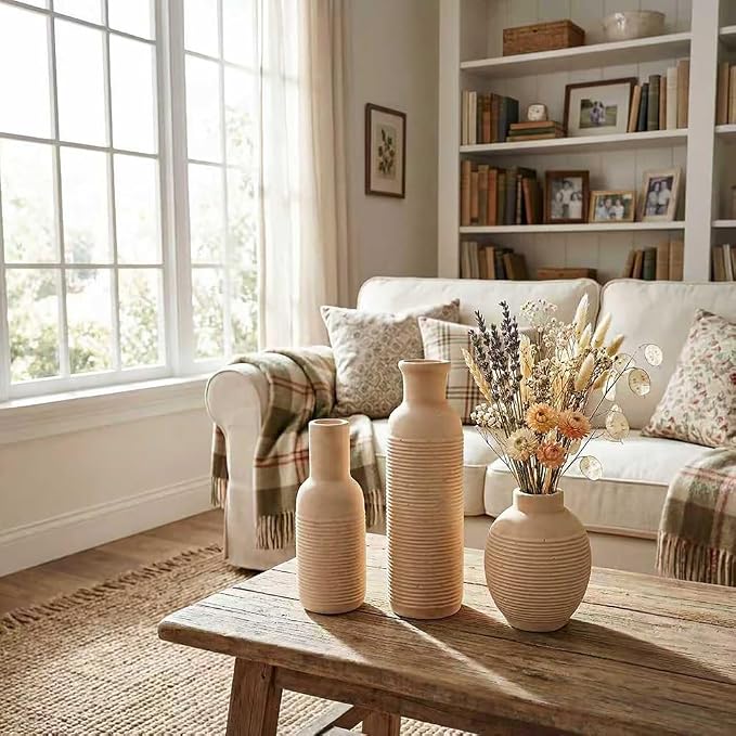 Rustic Farmhouse Vase Set of 3 - Ceramic Decorative Vintage Vases Home Decor - Pampas Grass Dried Fresh Flowers - for Centerpiece, Coffee Table, Mantel Entryway, Living Room, Bedroom (Retro 2)