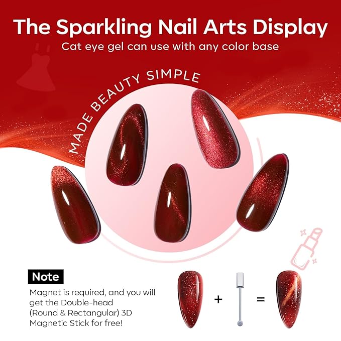 modelones Red Gel Nail Polish Set - 6 Colors 2026 Easter Ruby Glitter Cat Eye Magnetic Gel Polish Burgundy Red Sparkle Bloody Nail Polish Kit Soak Off LED Manicure Nail Art DIY Gift
