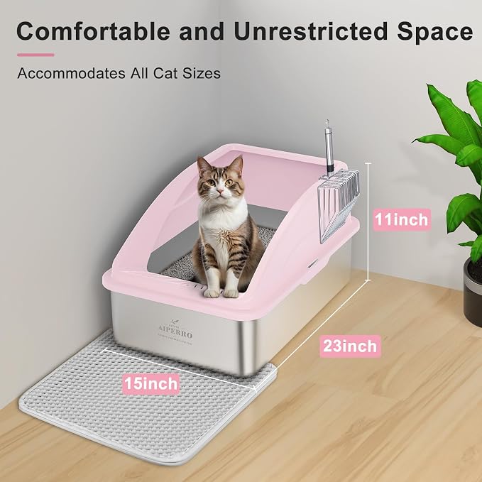 AIPERRO Stainless Steel Litter Box | XL Metal Cat Litter Boxes with Lid | Enclosed High Sided for Big Cats | Anti-Urine Leakage, Non-Stick, Easy to Clean with Litter Mat & Metal Scoop | Cute Pink